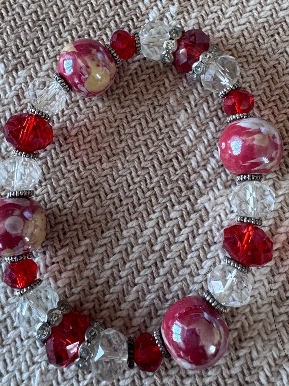 Red and Clear Beaded Stretch Bracelet